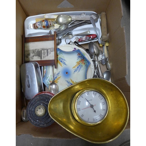 1178 - A box of assorted items including scales, plated flatware and a clock **PLEASE NOTE THIS LOT IS NOT ... 