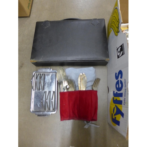 1178 - A box of assorted items including scales, plated flatware and a clock **PLEASE NOTE THIS LOT IS NOT ... 