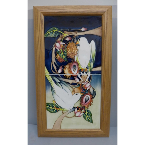 617 - A Moorcroft two section tile panel of doves, signed E. Bossons, 72 of 200, framed