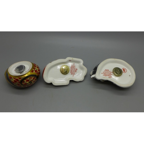 651 - Three Royal Crown Derby paperweights, Misty and Puppy, Exclusives for the Royal Crown Derby Collecto... 