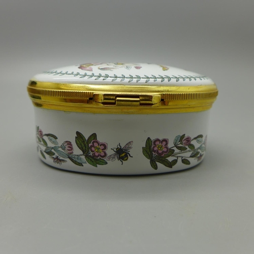 664 - A Portmeirion oval enamel box, The Botanic Garden, 7cm, boxed