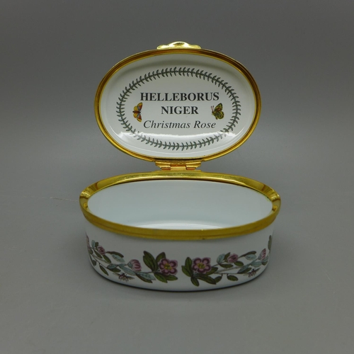 664 - A Portmeirion oval enamel box, The Botanic Garden, 7cm, boxed