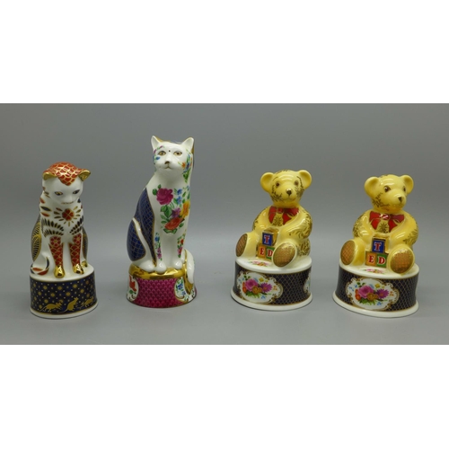 668 - Four Royal Worcester candle snuffers, Teddy Bear x 2, Nelson Cat and Giles Cat, boxed