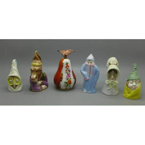 670 - Six Royal Worcester candle snuffers, Connoisseur Collection Toddie, Bottom, Owl, Mr Caudle, Old Lady... 