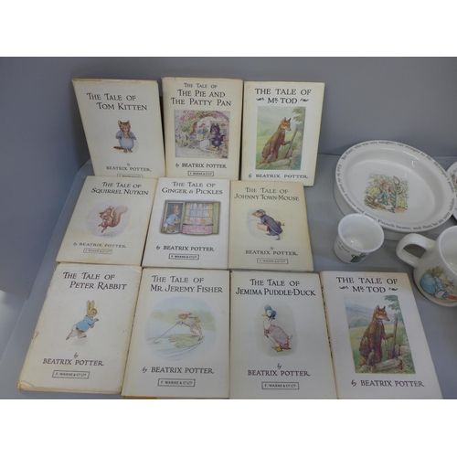 684 - A Wedgwood Peter Rabbit bowl, dish, egg cup and cup and ten Peter Rabbit books, one duplicate