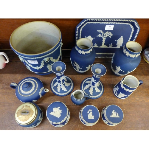 700 - Adams and Wedgwood dark blue Jasperware; a pair of candlesticks, jardinière, pair of vases, etc., ju... 