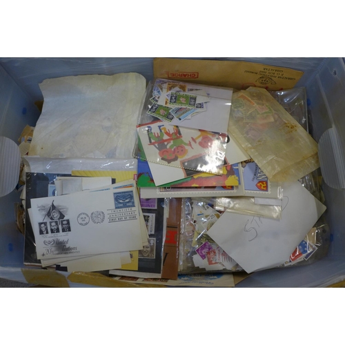 761 - Two boxes of loose stamps, first day covers, etc.