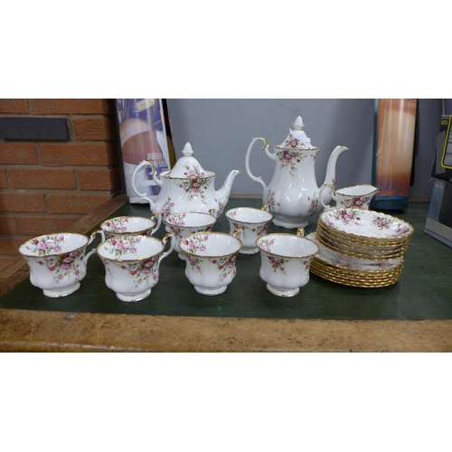 808 - Royal Albert Cottage Garden teaware, coffee pot, teapot, seven cups, six saucers, six plates, sugar ... 