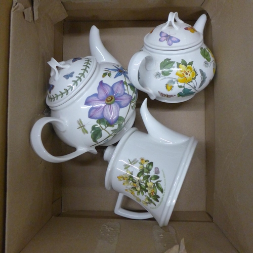 811 - Five Portmeirion Botanic Garden teapots and coffee pots and a box of various mugs and Royal Worceste... 