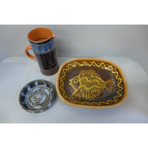 830 - An Alan Frewin glazed dish, Norwegian glazed jug and one other studio pottery dish