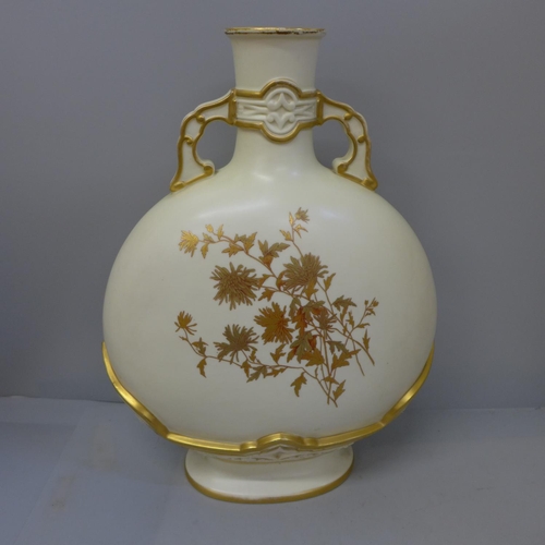 831 - A Royal Worcester moon flask vase, with hole near bottom for conversion to a table lamp, 37cm