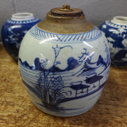 842 - A Chinese blue and white table lamp base and three prunus blossom ginger jars lacking lids