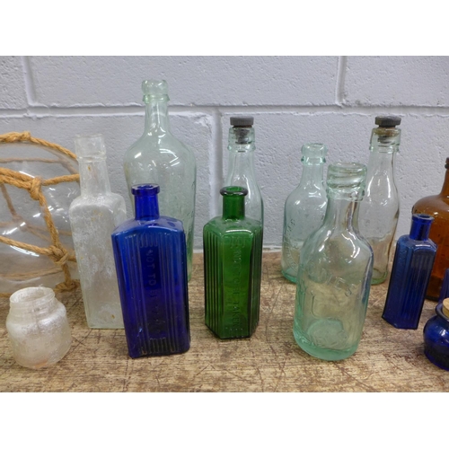 844 - Medicine and other advertising glass bottles (Hardy & Hansons and C Wright Wirksworth) and a glass f... 