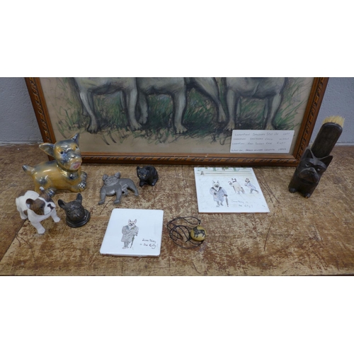 845 - French bulldog figures, 1930's onwards and a pastel drawing of three Bulldog champions, Sanshay Spot... 