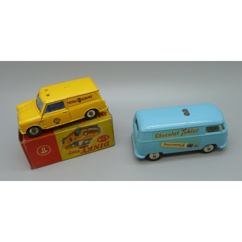 857 - A Dinky Toys 274 AA Mini Van, boxed, and a Corgi Toys VW Toblerone Van with Trans-O-Lite headlights ... 