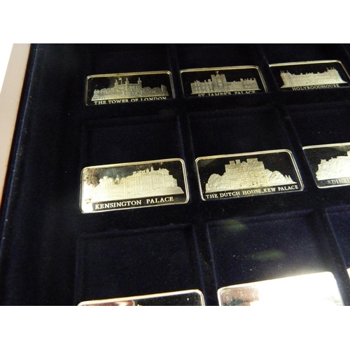 858 - A cased set of twelve silver ingots, Palaces of Great Britain, 381.5g, marked on the rims