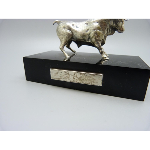 860 - A silver covered model bull, Spanish marks on the horns, base 11cm