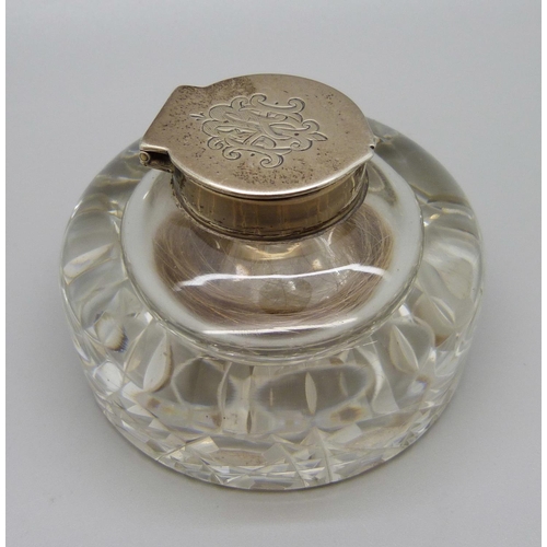 887 - A silver topped glass paperweight/inkwell, Birmingham 1902