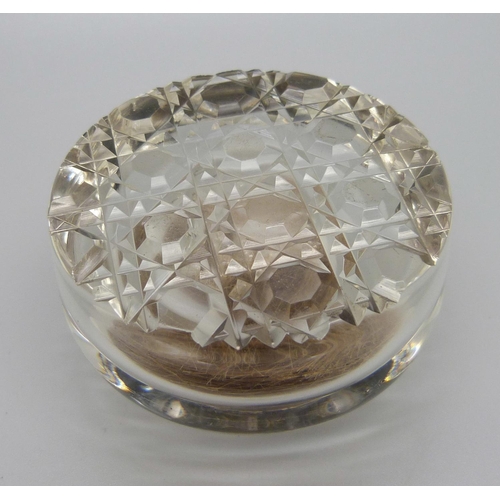 887 - A silver topped glass paperweight/inkwell, Birmingham 1902