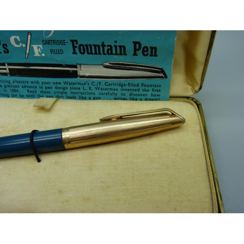 896 - A Watermans cartridge fountain pen with rolled gold lid and 14ct gold nib