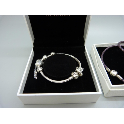 900 - Pandora jewellery; charm bracelet, ring and three chains with pendants