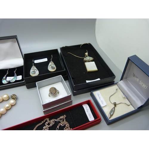 927 - A collection of silver and silver mounted jewellery including some set with abalone and mother of pe... 