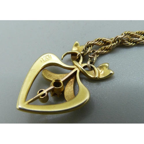 957 - A 15ct gold, diamond and pearl Art Nouveau pendant on a 9ct gold chain, (three tiny pearls missing),... 