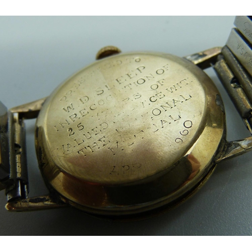 958 - A 9ct gold Omega cased wristwatch, the case back bears worn inscription dated 1960, a/f