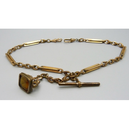 980 - A gold plated fancy link double Albert chain with fob, 39cm