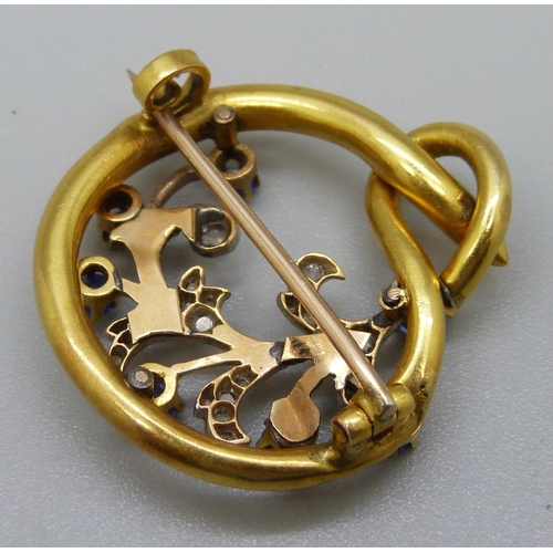 988 - A yellow metal, diamond and sapphire Art Nouveau brooch, (tests as 18ct gold), 6g, 26mm x 28mm