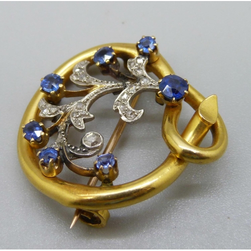 988 - A yellow metal, diamond and sapphire Art Nouveau brooch, (tests as 18ct gold), 6g, 26mm x 28mm