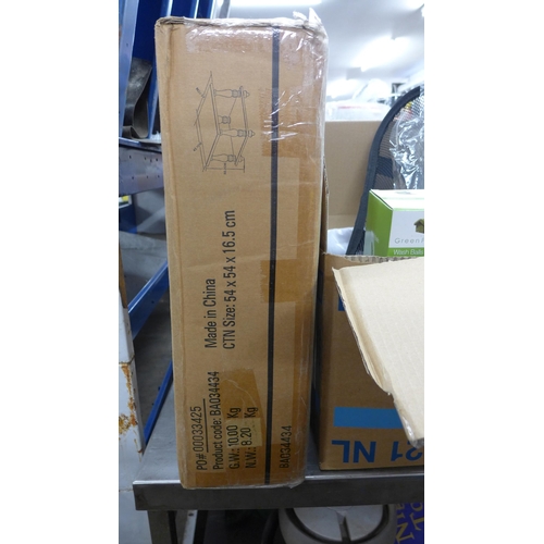 2119 - 2 Boxes of misc. items inc. curtains, Homedics massager, boxed table, bathroom shelf, chair support,... 