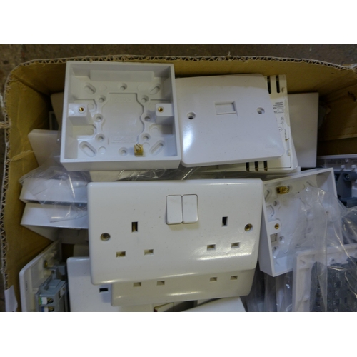 2177 - A box of electrical items, 14 patrace boxes, 20 20amp double switches with optional flex outlet, 10 ... 