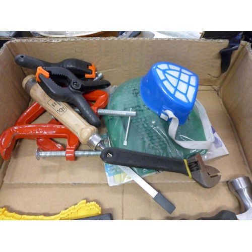 2033 - A box of tools, hacksaw, hammers, profiler wood chisels, tape measure, mini cramps, etc. mostly unus... 