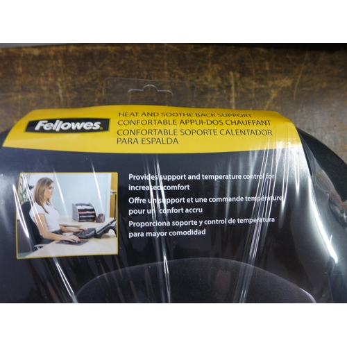 2040 - A Fellowes brand heat and soothe chair back support (sealed) and 2 pairs of grey slippers