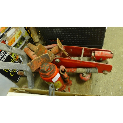 2080 - Trolley jack, axle stand, box of tools & ladder roofing attachments