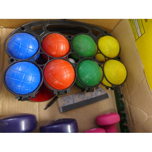 2100 - Two French Boules/Petanque sets and a set of dumbells