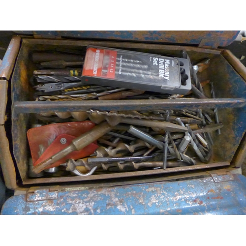 2104 - Box of assorted door handles with toolbox of tools and drill bits