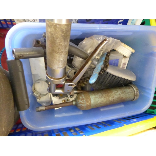 2114 - Three boxes of tools, grease gun x2, spanners, saw, scissor jack, rope, sandpaper, screws, locktite ... 