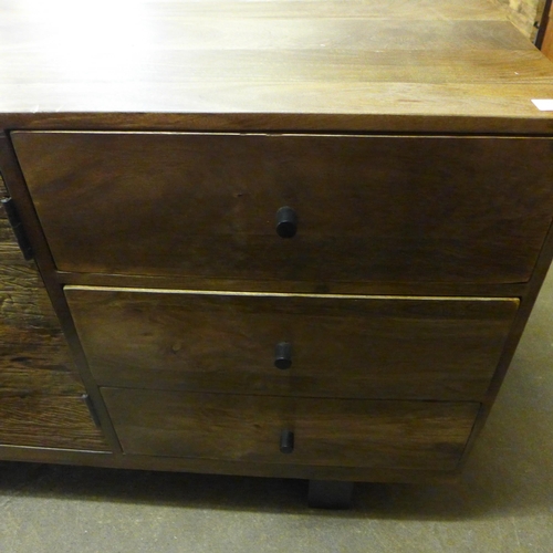 1465 - A Phoenix hardwood and black metal two door, three drawer sideboard