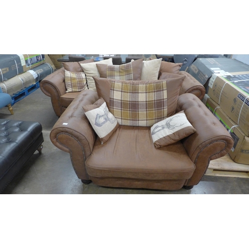 1475 - A County brown faux leather button back and studded four seater sofa and loveseat