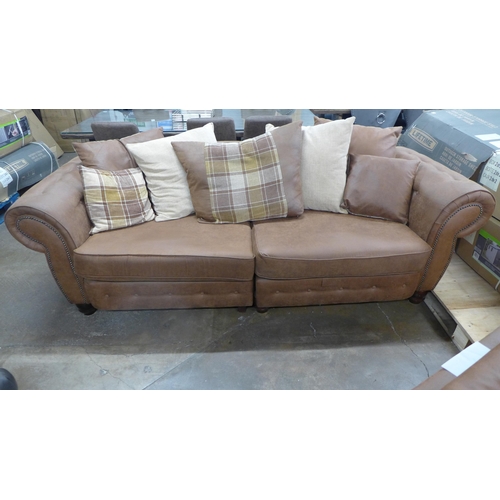 1475 - A County brown faux leather button back and studded four seater sofa and loveseat