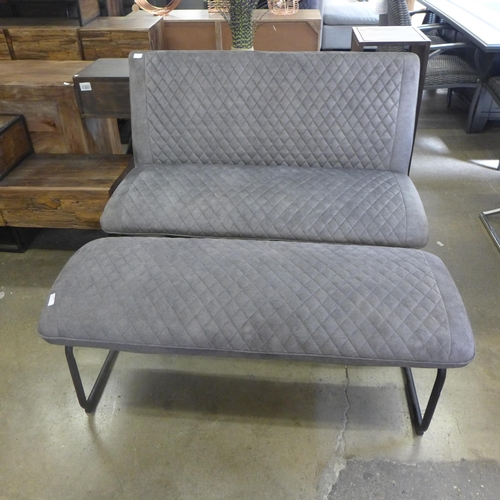 1486 - A Creed grey velvet diamond stitching with black metal legs high back bench