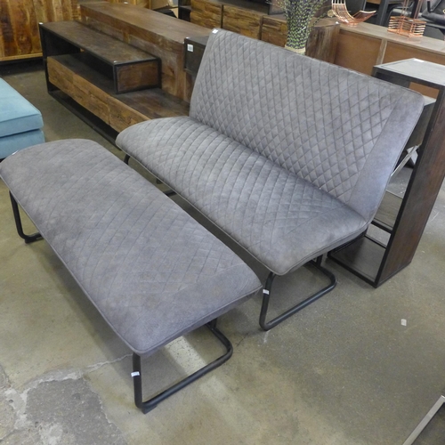 1486 - A Creed grey velvet diamond stitching with black metal legs high back bench