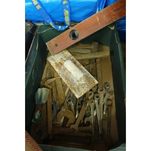 2060 - Two boxes of garden tools, grease guns and spanners