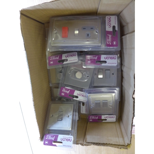 2175 - A box of brush chrome switches; dimmers, fused units, cooker switch with socket, etc. (all new and u... 