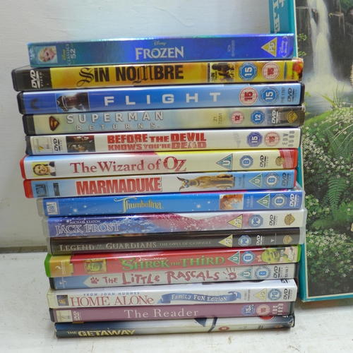 2226 - Kids DVD job lot, two jigsaw puzzles (nature/wildlife) plus vintage Parker Bros boardgame