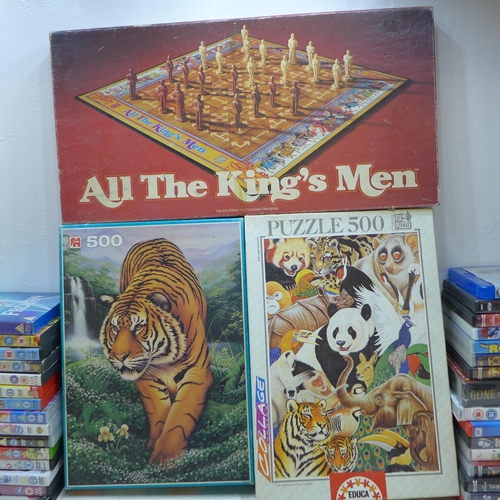 2226 - Kids DVD job lot, two jigsaw puzzles (nature/wildlife) plus vintage Parker Bros boardgame