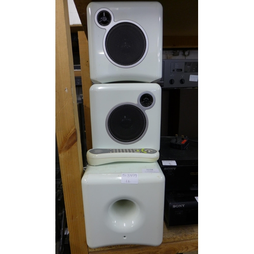 2238 - Ministry of Sound subwoofer and two speakers plus remote