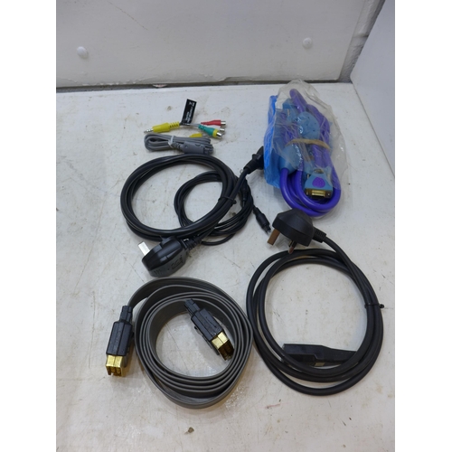 2229 - Box of various leads, mini stereo jack leads, phono leads, HDMI and scart leads and more